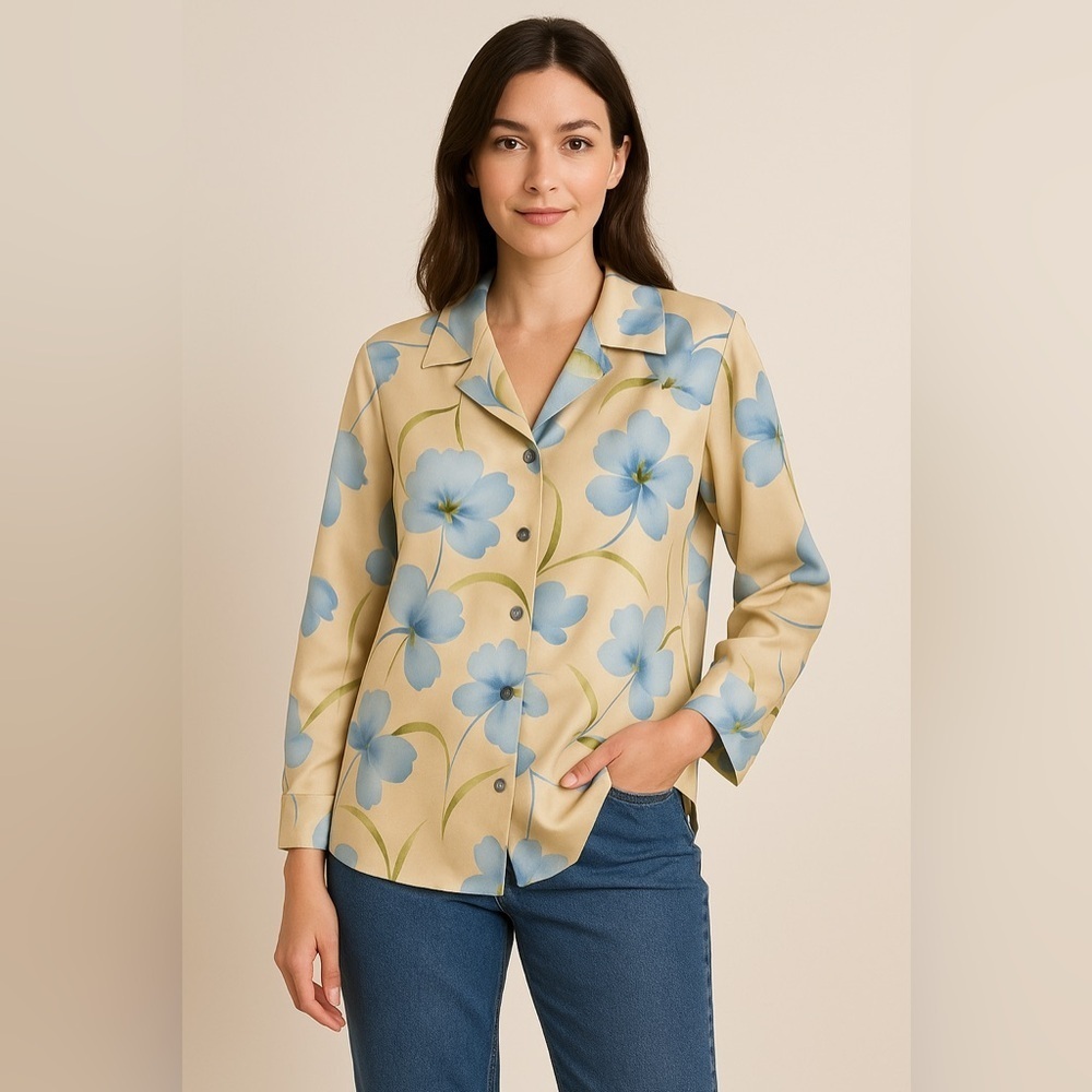 Vintage Floral Satin Button-Up Blouse XL